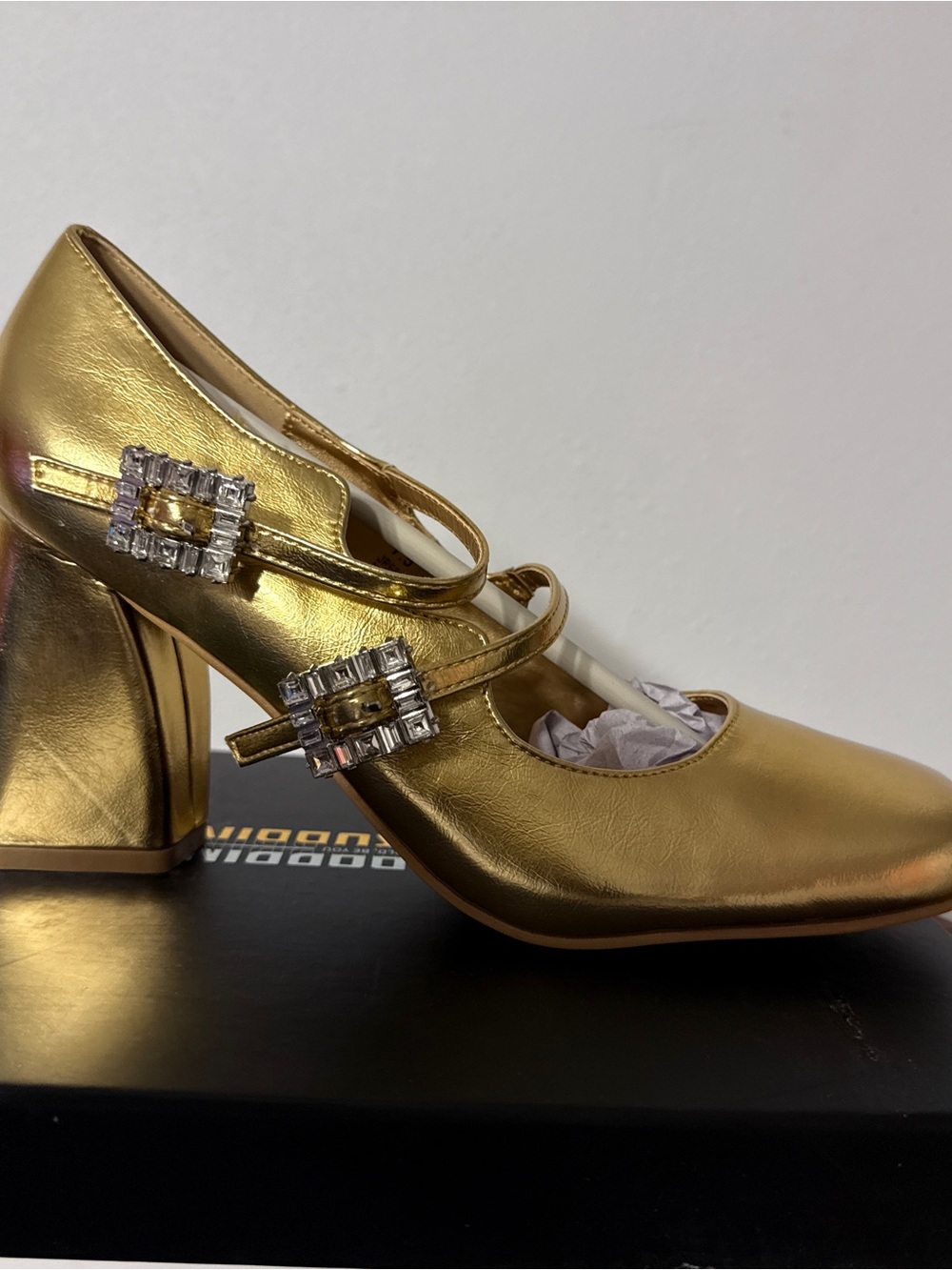 Cape Robbin Metallic Gold Mary Jane Block Heel with Decorative Buckles